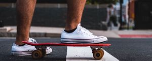 Preview wallpaper feet, skateboard, sneakers, asphalt, hands