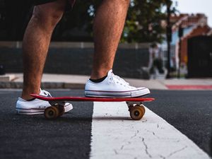Preview wallpaper feet, skateboard, sneakers, asphalt, hands