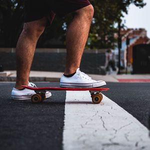 Preview wallpaper feet, skateboard, sneakers, asphalt, hands