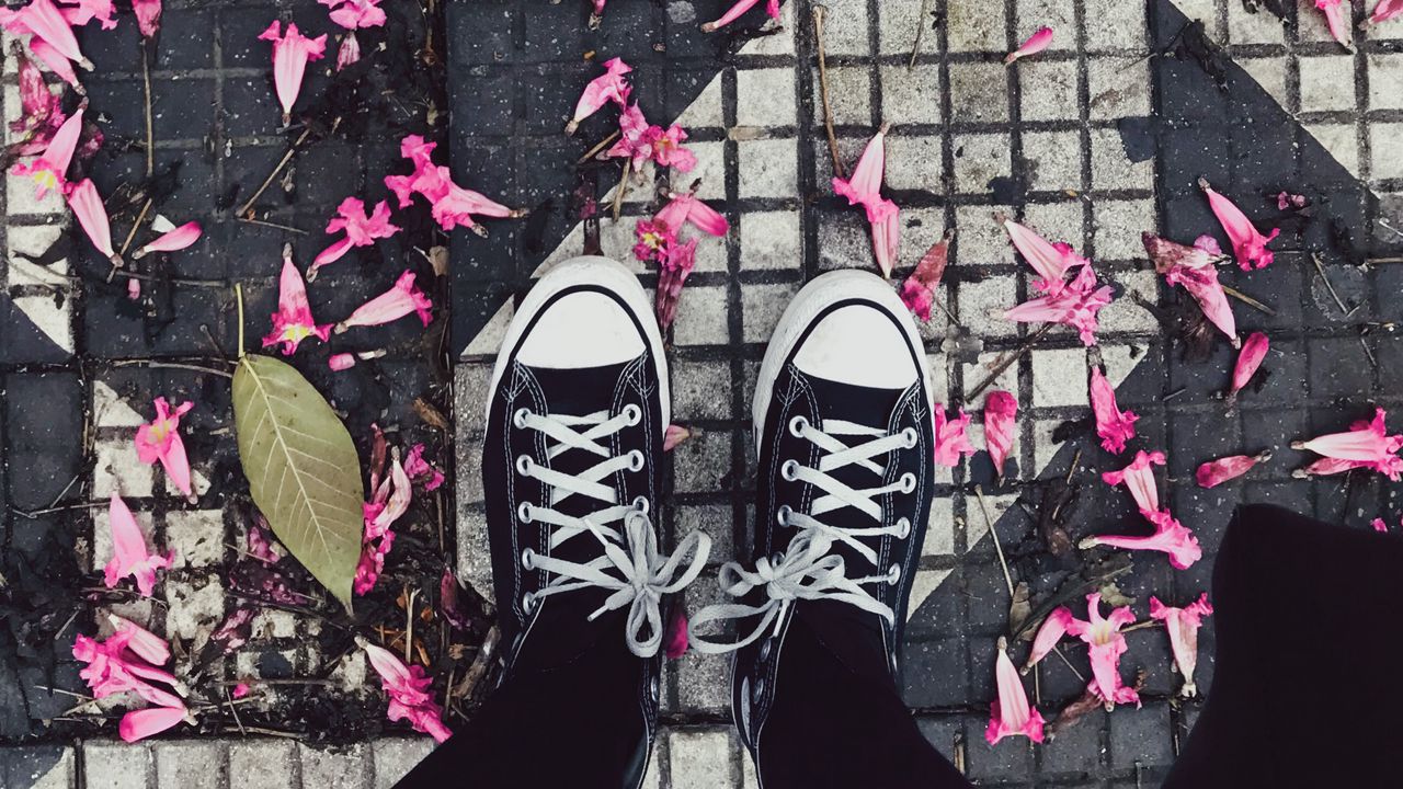 Wallpaper feet, sneakers, flowers, leaves