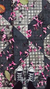 Preview wallpaper feet, sneakers, flowers, leaves