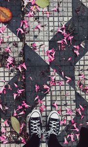 Preview wallpaper feet, sneakers, flowers, leaves