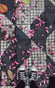 Preview wallpaper feet, sneakers, flowers, leaves