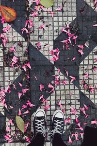 Preview wallpaper feet, sneakers, flowers, leaves