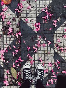 Preview wallpaper feet, sneakers, flowers, leaves