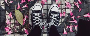 Preview wallpaper feet, sneakers, flowers, leaves