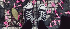 Preview wallpaper feet, sneakers, flowers, leaves