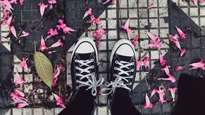 Preview wallpaper feet, sneakers, flowers, leaves