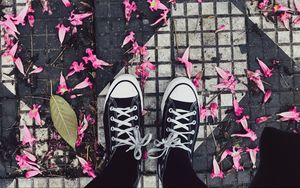 Preview wallpaper feet, sneakers, flowers, leaves