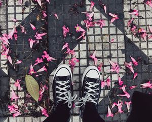 Preview wallpaper feet, sneakers, flowers, leaves