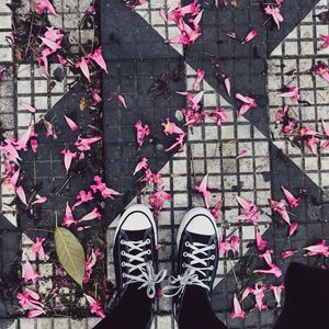 Preview wallpaper feet, sneakers, flowers, leaves