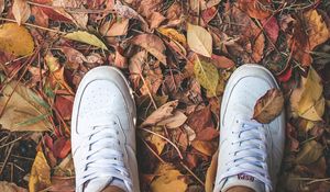 Preview wallpaper feet, sneakers, foliage, autumn
