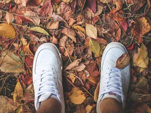 Preview wallpaper feet, sneakers, foliage, autumn