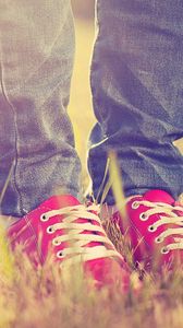 Preview wallpaper feet, sneakers, grass, light, shoes