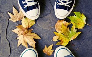 Preview wallpaper feet, sneakers, leaves, autumn