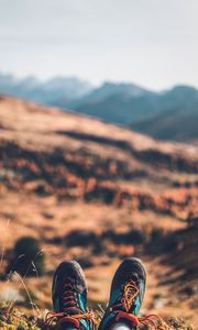 Preview wallpaper feet, sneakers, nature, mountains, rest