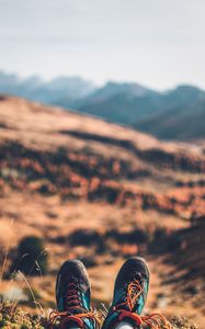 Preview wallpaper feet, sneakers, nature, mountains, rest