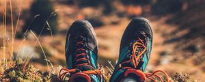 Preview wallpaper feet, sneakers, nature, mountains, rest