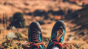 Preview wallpaper feet, sneakers, nature, mountains, rest