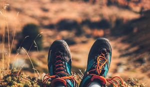 Preview wallpaper feet, sneakers, nature, mountains, rest