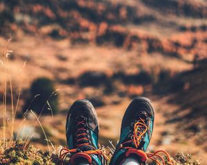 Preview wallpaper feet, sneakers, nature, mountains, rest