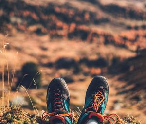 Preview wallpaper feet, sneakers, nature, mountains, rest