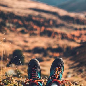 Preview wallpaper feet, sneakers, nature, mountains, rest
