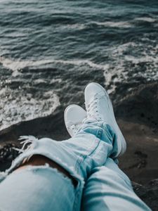 Preview wallpaper feet, sneakers, sea, shore