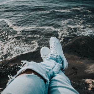 Preview wallpaper feet, sneakers, sea, shore