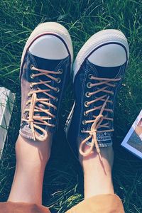 Preview wallpaper feet, sneakers, shoes, grass