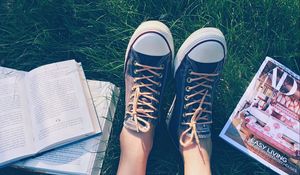Preview wallpaper feet, sneakers, shoes, grass