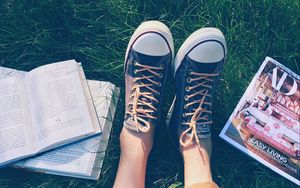 Preview wallpaper feet, sneakers, shoes, grass