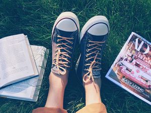 Preview wallpaper feet, sneakers, shoes, grass