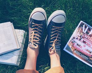 Preview wallpaper feet, sneakers, shoes, grass