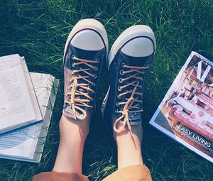 Preview wallpaper feet, sneakers, shoes, grass