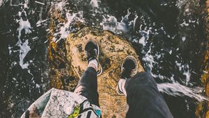 Preview wallpaper feet, stone, wave, surf, foam
