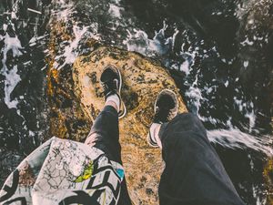 Preview wallpaper feet, stone, wave, surf, foam