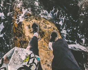 Preview wallpaper feet, stone, wave, surf, foam