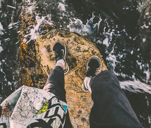 Preview wallpaper feet, stone, wave, surf, foam