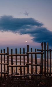 Preview wallpaper fence, beach, sea, clouds, moon