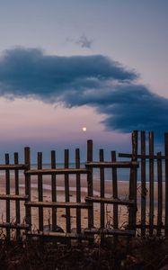 Preview wallpaper fence, beach, sea, clouds, moon