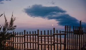 Preview wallpaper fence, beach, sea, clouds, moon