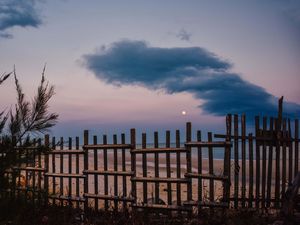 Preview wallpaper fence, beach, sea, clouds, moon