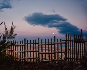 Preview wallpaper fence, beach, sea, clouds, moon