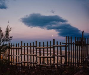 Preview wallpaper fence, beach, sea, clouds, moon