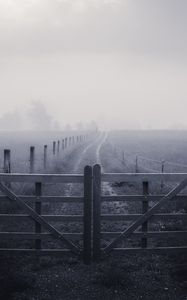 Preview wallpaper fence, fog, grass, road
