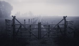 Preview wallpaper fence, fog, grass, road