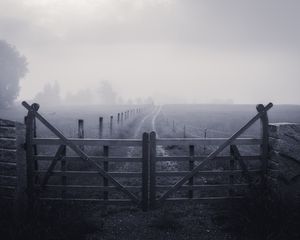 Preview wallpaper fence, fog, grass, road