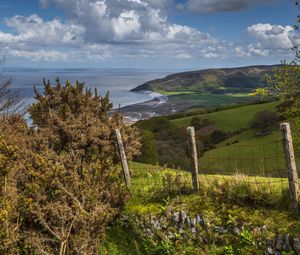 Preview wallpaper fence, grass, coast, sea, nature
