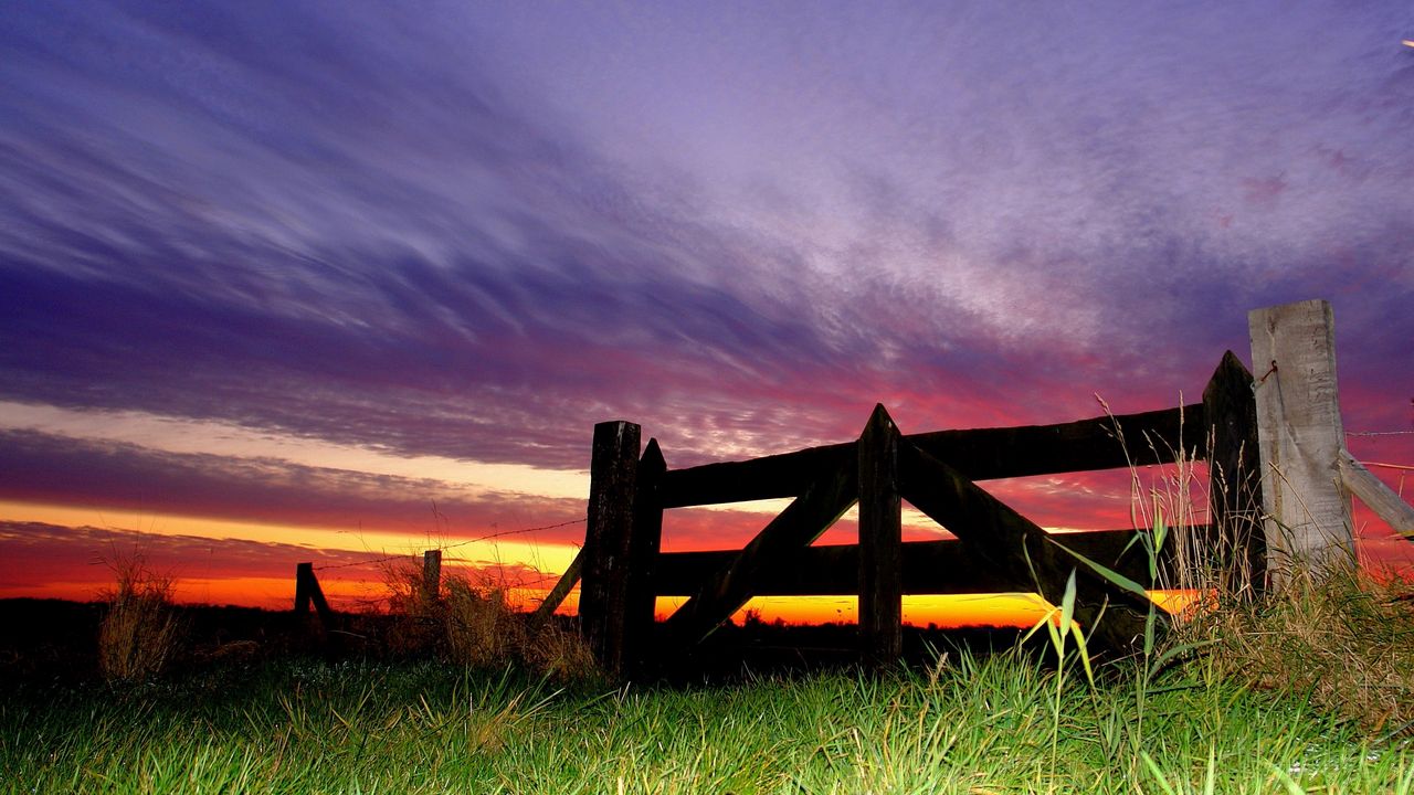 Wallpaper fence, grass, evening, sky